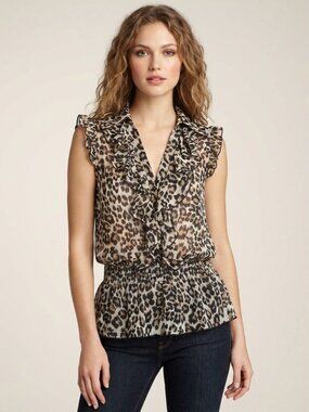 Dots Ruffled Blouse Leopard Print Small Chiffon Sleeveless Cinched Waist V Neck